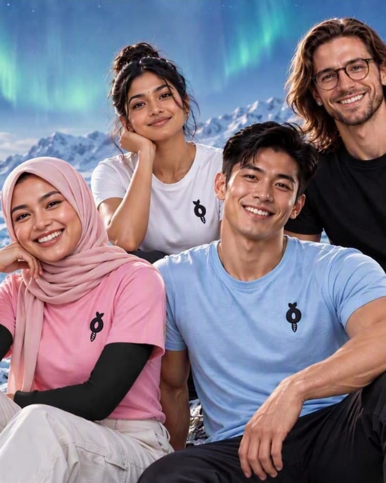 Four friends in Unique Sunday shirts on an arctic shore under the northern lights, with the line “The LOGO is U. U is Unique. Unique is U.”